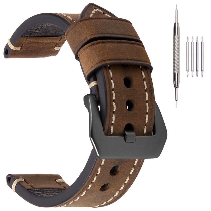 EACHE Leather Watch Bands for Men, 20mm Crazy Horse Handmade Watchband Dark Brown-Silver Hardware - Image 1